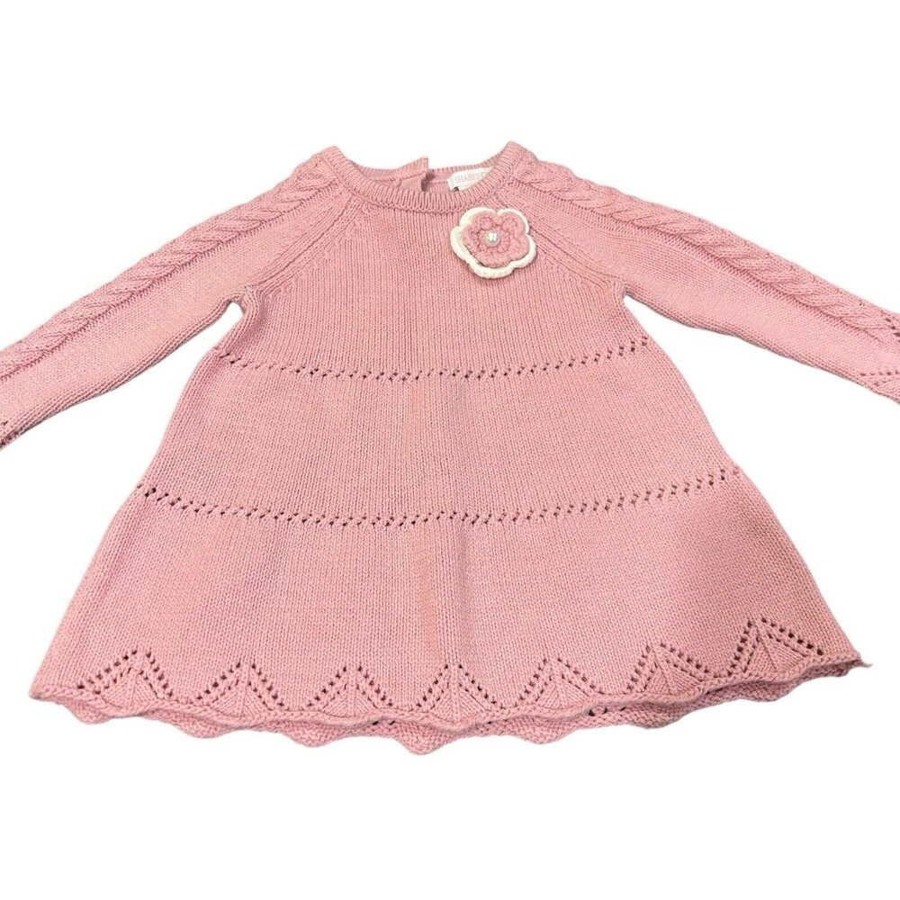 Shabby Chic Pink Knit Dress Baby Girl 3-6 Mths Sweater Crochet Flower Dainty
